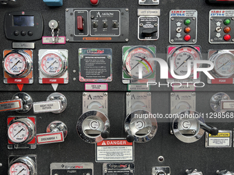 Knobs, buttons, and gauges are appearing on a fire truck in Unionville, Ontario, Canada, on June 03, 2023. (