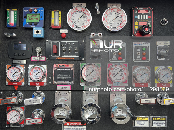 Knobs, buttons, and gauges are appearing on a fire truck in Unionville, Ontario, Canada, on June 03, 2023. 