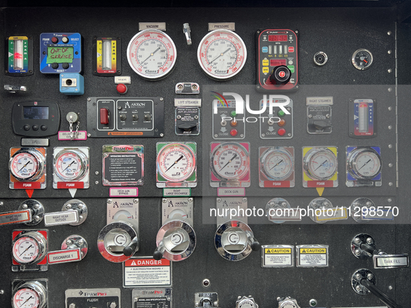 Knobs, buttons, and gauges are appearing on a fire truck in Unionville, Ontario, Canada, on June 03, 2023. 