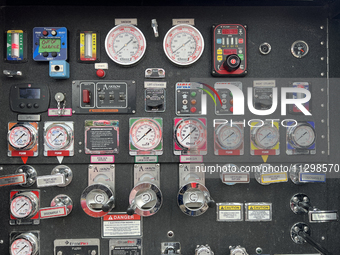 Knobs, buttons, and gauges are appearing on a fire truck in Unionville, Ontario, Canada, on June 03, 2023. (