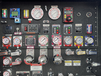 Knobs, buttons, and gauges are appearing on a fire truck in Unionville, Ontario, Canada, on June 03, 2023. (