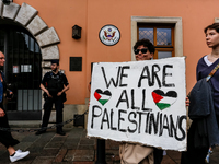 Palestinians and their supporters hold a protest in support of Palestine and against Israeli war actions in the Gaza Strip in fron of the Un...