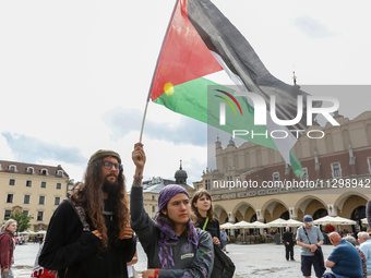 Palestinians and their supporters hold a protest in support of Palestine and against Israeli war actions in the Gaza Strip in the Main Marke...