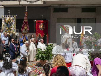 Hundreds of people are celebrating Corpus Christi Day with a procession in San Sebastian de los Reyes, Madrid, Spain, on June 2, 2024. Diffe...