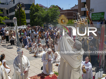 Hundreds of people are celebrating Corpus Christi Day with a procession in San Sebastian de los Reyes, Madrid, Spain, on June 2, 2024. Diffe...