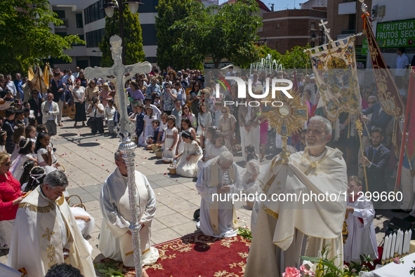 Hundreds of people are celebrating Corpus Christi Day with a procession in San Sebastian de los Reyes, Madrid, Spain, on June 2, 2024. Diffe...