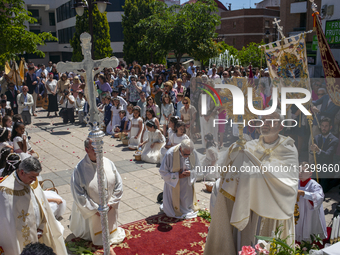 Hundreds of people are celebrating Corpus Christi Day with a procession in San Sebastian de los Reyes, Madrid, Spain, on June 2, 2024. Diffe...