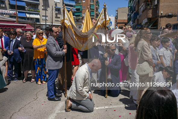 Hundreds of people are celebrating Corpus Christi Day with a procession in San Sebastian de los Reyes, Madrid, Spain, on June 2, 2024. Diffe...