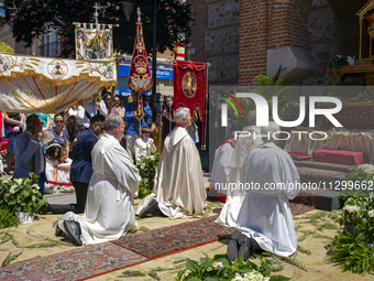 Hundreds of people are celebrating Corpus Christi Day with a procession in San Sebastian de los Reyes, Madrid, Spain, on June 2, 2024. Diffe...