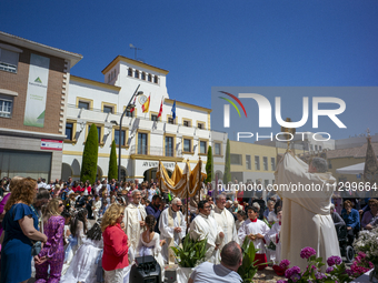 Hundreds of people are celebrating Corpus Christi Day with a procession in San Sebastian de los Reyes, Madrid, Spain, on June 2, 2024. Diffe...