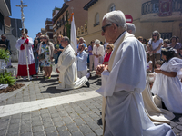 Hundreds of people are celebrating Corpus Christi Day with a procession in San Sebastian de los Reyes, Madrid, Spain, on June 2, 2024. Diffe...