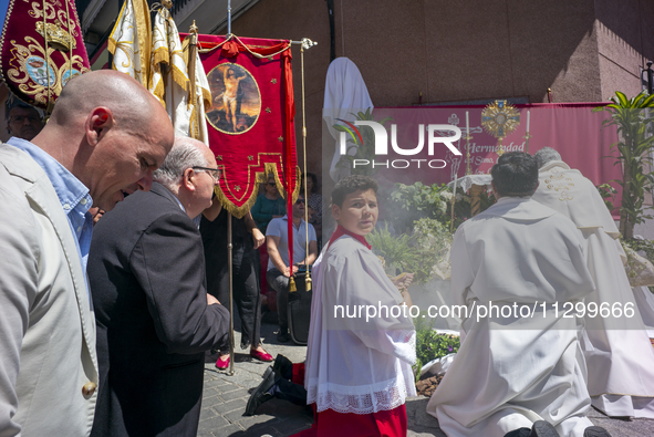 Hundreds of people are celebrating Corpus Christi Day with a procession in San Sebastian de los Reyes, Madrid, Spain, on June 2, 2024. Diffe...