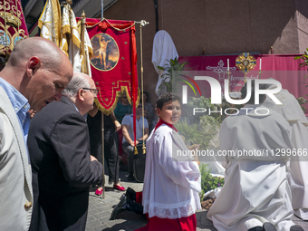 Hundreds of people are celebrating Corpus Christi Day with a procession in San Sebastian de los Reyes, Madrid, Spain, on June 2, 2024. Diffe...