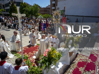 Hundreds of people are celebrating Corpus Christi Day with a procession in San Sebastian de los Reyes, Madrid, Spain, on June 2, 2024. Diffe...