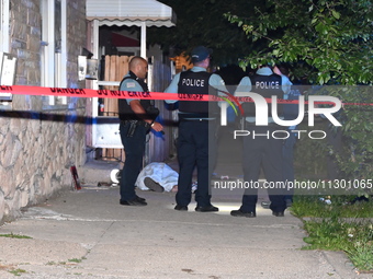 Chicago Police are canvassing the area for evidence as a male victim who was shot twenty-five times and killed is covered with a sheet. A ma...