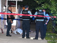 Chicago Police are canvassing the area for evidence as a male victim who was shot twenty-five times and killed is covered with a sheet. A ma...