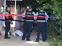 Chicago Police are canvassing the area for evidence as a male victim who was shot twenty-five times and killed is covered with a sheet. A ma...