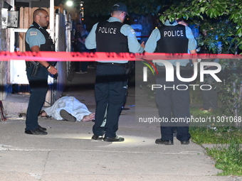 Chicago Police are canvassing the area for evidence as a male victim who was shot twenty-five times and killed is covered with a sheet. A ma...