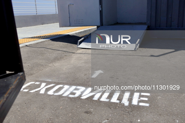 The entrance to the bomb shelter near the inclusive beach in Odesa, Ukraine, on May 31, 2024, is being shown. NO USE RUSSIA. NO USE BELARUS....