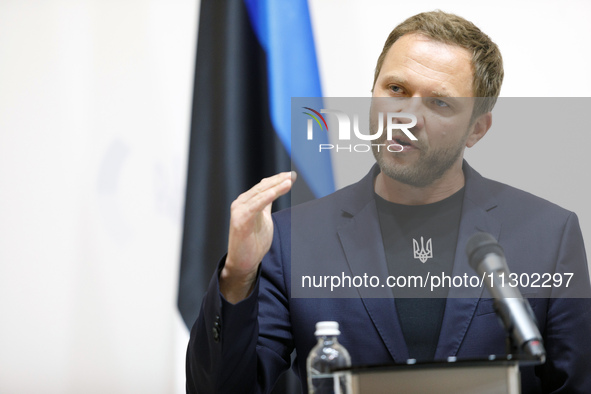 Minister of Foreign Affairs of the Republic of Estonia Margus Tsahkna is attending a joint briefing with Minister of Foreign Affairs of Ukra...