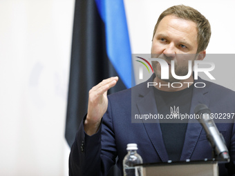 Minister of Foreign Affairs of the Republic of Estonia Margus Tsahkna is attending a joint briefing with Minister of Foreign Affairs of Ukra...