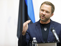 Minister of Foreign Affairs of the Republic of Estonia Margus Tsahkna is attending a joint briefing with Minister of Foreign Affairs of Ukra...