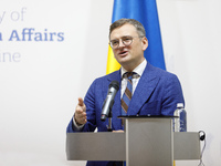 Minister of Foreign Affairs of Ukraine Dmytro Kuleba is attending a joint briefing with Minister of Foreign Affairs of the Republic of Eston...