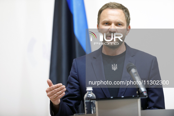 Minister of Foreign Affairs of the Republic of Estonia Margus Tsahkna is attending a joint briefing with Minister of Foreign Affairs of Ukra...