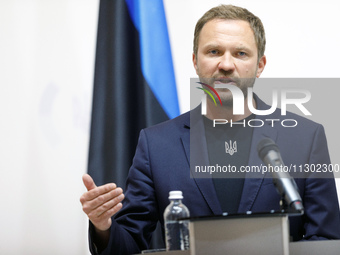 Minister of Foreign Affairs of the Republic of Estonia Margus Tsahkna is attending a joint briefing with Minister of Foreign Affairs of Ukra...