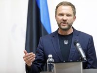 Minister of Foreign Affairs of the Republic of Estonia Margus Tsahkna is attending a joint briefing with Minister of Foreign Affairs of Ukra...