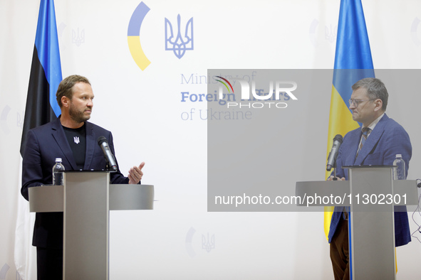 Minister of Foreign Affairs of Ukraine Dmytro Kuleba (R) and Minister of Foreign Affairs of the Republic of Estonia Margus Tsahkna are being...