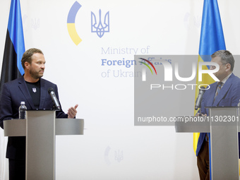 Minister of Foreign Affairs of Ukraine Dmytro Kuleba (R) and Minister of Foreign Affairs of the Republic of Estonia Margus Tsahkna are being...