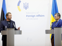 Minister of Foreign Affairs of Ukraine Dmytro Kuleba (R) and Minister of Foreign Affairs of the Republic of Estonia Margus Tsahkna are being...