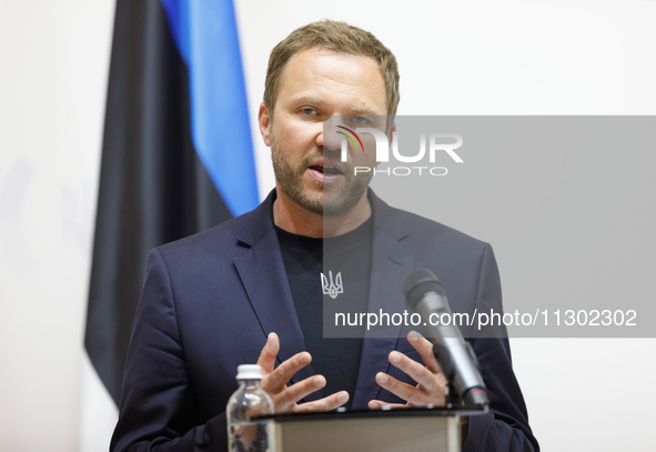 Minister of Foreign Affairs of the Republic of Estonia Margus Tsahkna is attending a joint briefing with Minister of Foreign Affairs of Ukra...