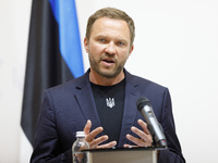 Minister of Foreign Affairs of the Republic of Estonia Margus Tsahkna is attending a joint briefing with Minister of Foreign Affairs of Ukra...