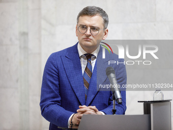 Minister of Foreign Affairs of Ukraine Dmytro Kuleba is attending a joint briefing with Minister of Foreign Affairs of the Republic of Eston...