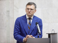 Minister of Foreign Affairs of Ukraine Dmytro Kuleba is attending a joint briefing with Minister of Foreign Affairs of the Republic of Eston...