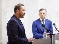 Minister of Foreign Affairs of Ukraine Dmytro Kuleba (R) and Minister of Foreign Affairs of the Republic of Estonia Margus Tsahkna are being...