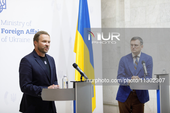 Minister of Foreign Affairs of Ukraine Dmytro Kuleba (R) and Minister of Foreign Affairs of the Republic of Estonia Margus Tsahkna are being...