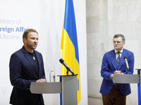 Minister of Foreign Affairs of Ukraine Dmytro Kuleba (R) and Minister of Foreign Affairs of the Republic of Estonia Margus Tsahkna are being...