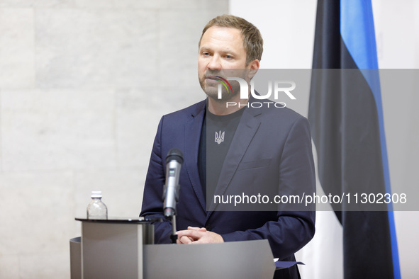 Minister of Foreign Affairs of the Republic of Estonia Margus Tsahkna is attending a joint briefing with Minister of Foreign Affairs of Ukra...