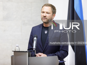 Minister of Foreign Affairs of the Republic of Estonia Margus Tsahkna is attending a joint briefing with Minister of Foreign Affairs of Ukra...