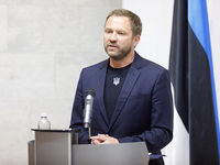 Minister of Foreign Affairs of the Republic of Estonia Margus Tsahkna is attending a joint briefing with Minister of Foreign Affairs of Ukra...