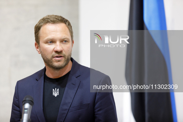 Minister of Foreign Affairs of the Republic of Estonia Margus Tsahkna is attending a joint briefing with Minister of Foreign Affairs of Ukra...