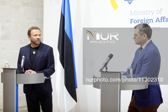 Minister of Foreign Affairs of Ukraine Dmytro Kuleba (R) and Minister of Foreign Affairs of the Republic of Estonia Margus Tsahkna are being...