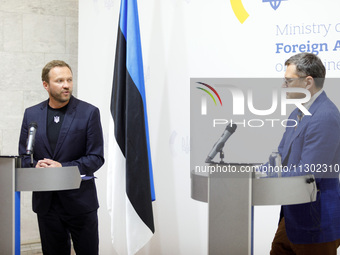 Minister of Foreign Affairs of Ukraine Dmytro Kuleba (R) and Minister of Foreign Affairs of the Republic of Estonia Margus Tsahkna are being...