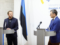 Minister of Foreign Affairs of Ukraine Dmytro Kuleba (R) and Minister of Foreign Affairs of the Republic of Estonia Margus Tsahkna are being...