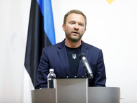 Minister of Foreign Affairs of the Republic of Estonia Margus Tsahkna is attending a joint briefing with Minister of Foreign Affairs of Ukra...