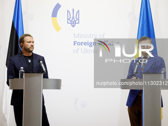 Minister of Foreign Affairs of Ukraine Dmytro Kuleba (R) and Minister of Foreign Affairs of the Republic of Estonia Margus Tsahkna are being...