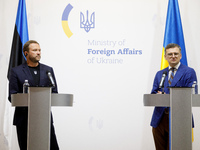 Minister of Foreign Affairs of Ukraine Dmytro Kuleba (R) and Minister of Foreign Affairs of the Republic of Estonia Margus Tsahkna are being...